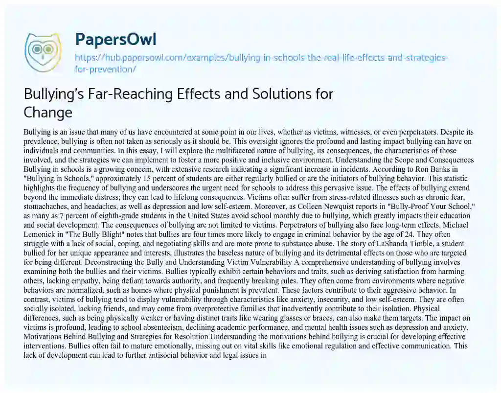 Essay on Bullying’s Far-Reaching Effects and Solutions for Change