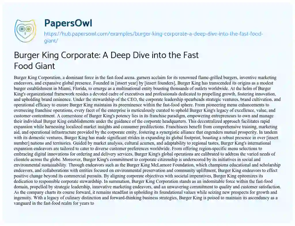 Essay on Burger King Corporate: A Deep Dive into the Fast Food Giant