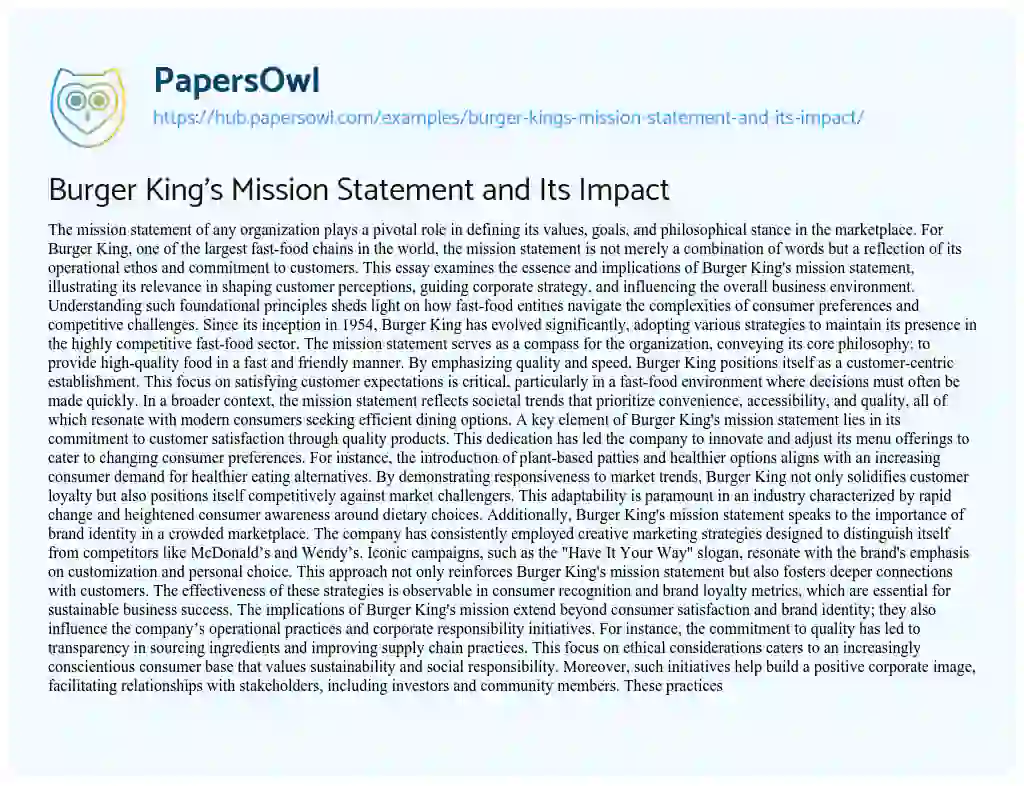 Essay on Burger King’s Mission Statement and Its Impact