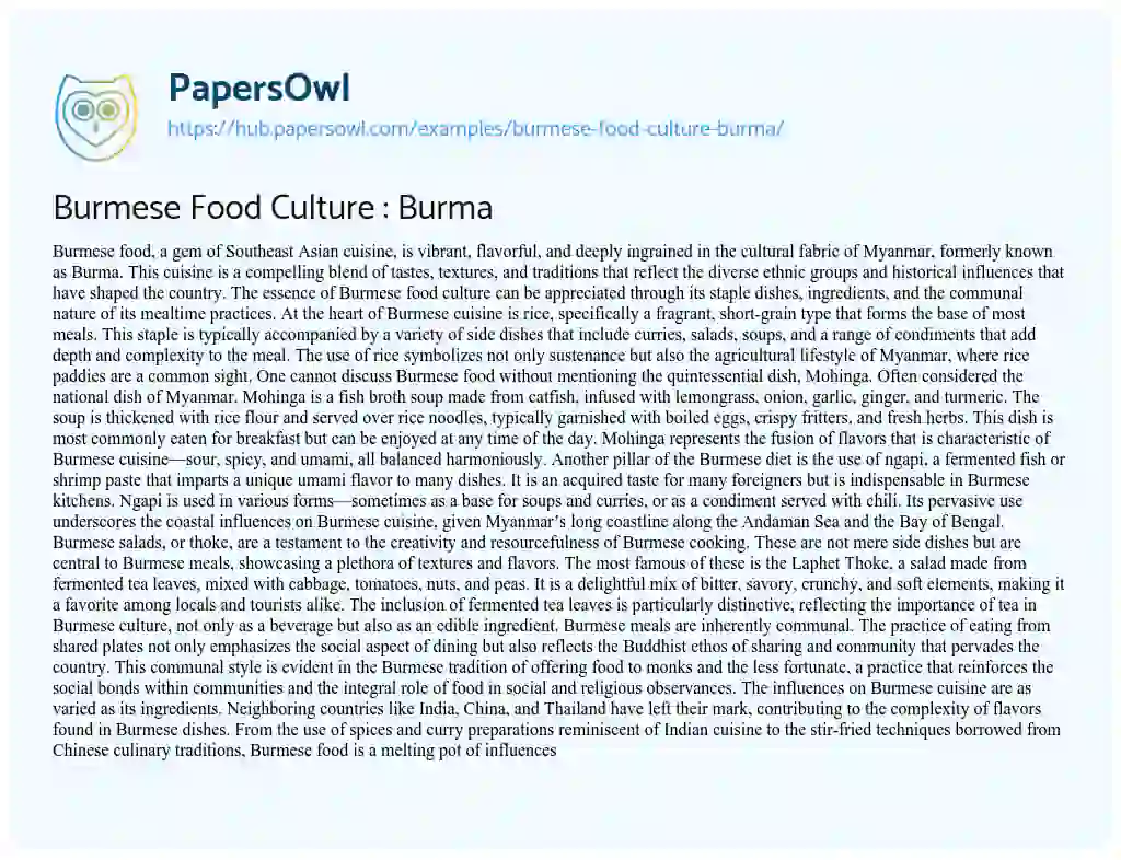 Essay on Burmese Food Culture : Burma