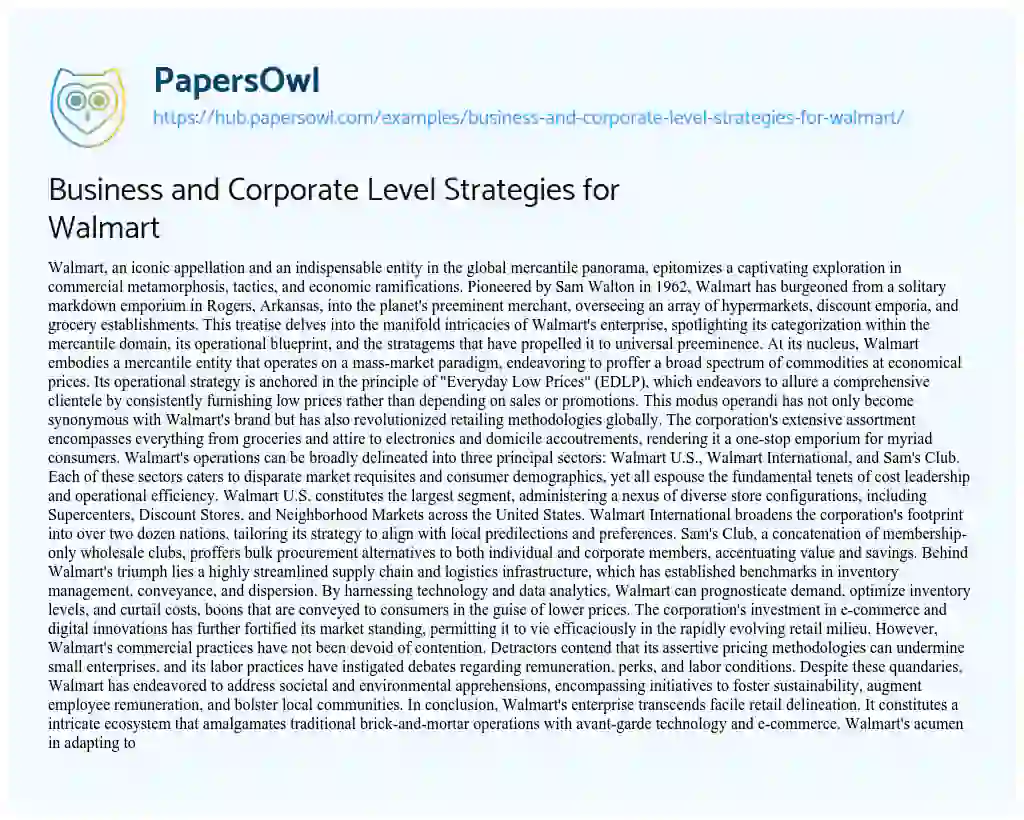 Essay on Business and Corporate Level Strategies for Walmart
