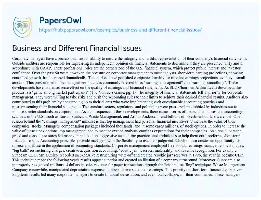Essay on Business and Different Financial Issues