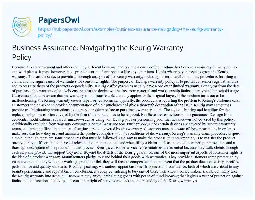 Essay on Business Assurance: Navigating the Keurig Warranty Policy