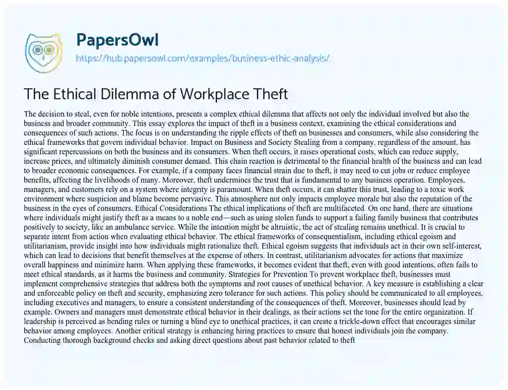 Essay on The Ethical Dilemma of Workplace Theft