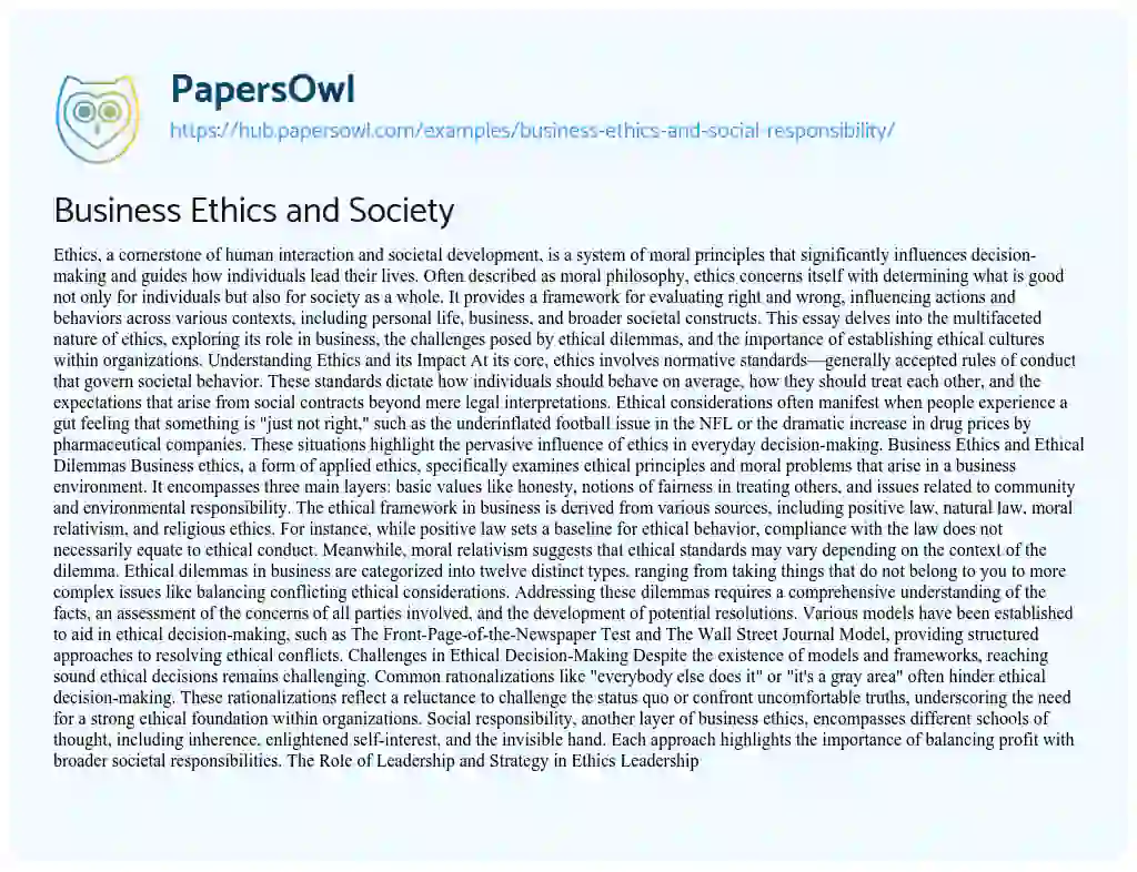 Essay on Business Ethics and Society