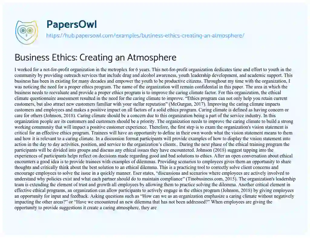 Essay on Business Ethics: Creating an Atmosphere