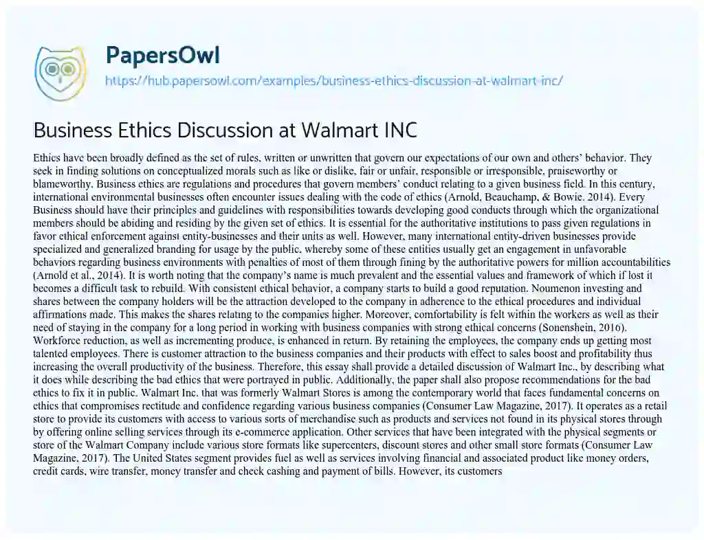 Essay on Business Ethics Discussion at Walmart INC