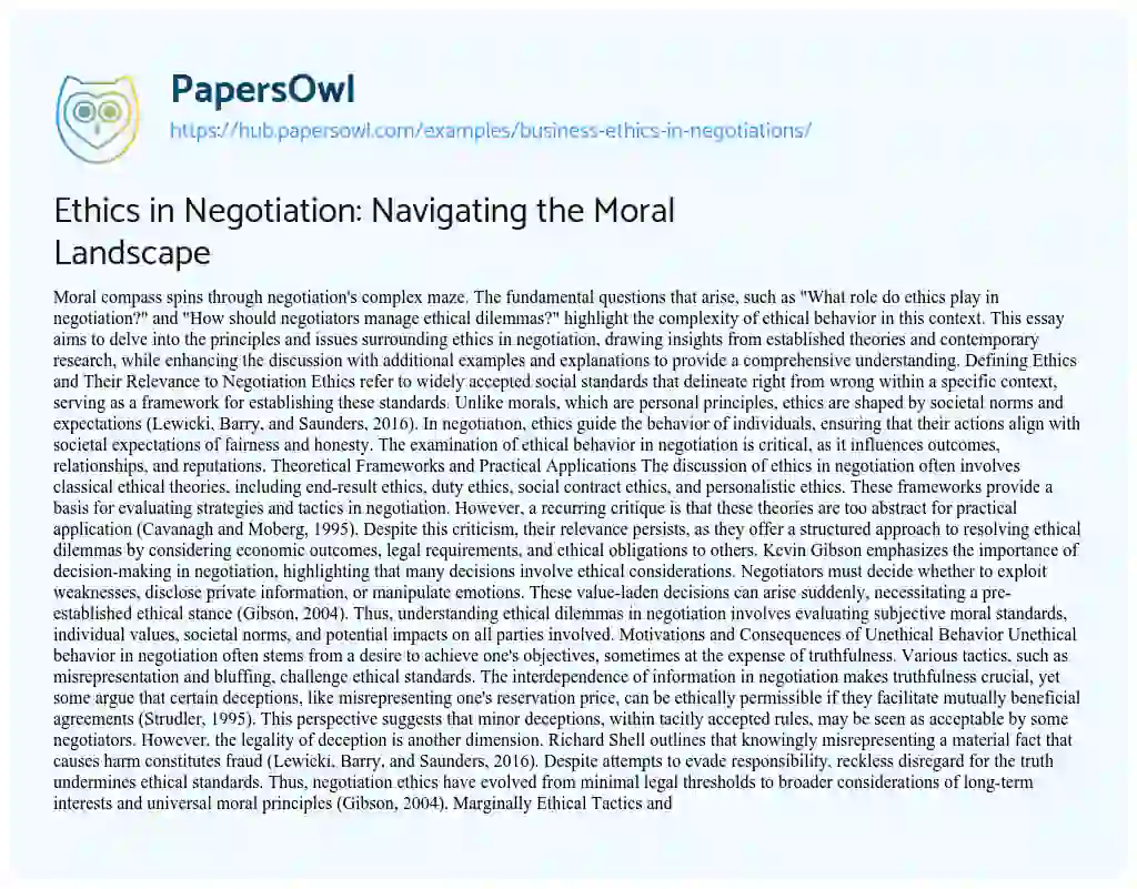 Essay on Ethics in Negotiation: Navigating the Moral Landscape