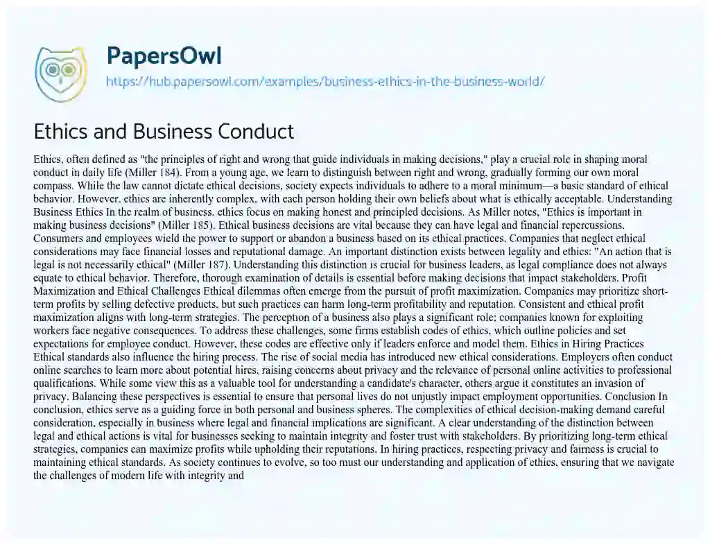 Essay on Ethics and Business Conduct