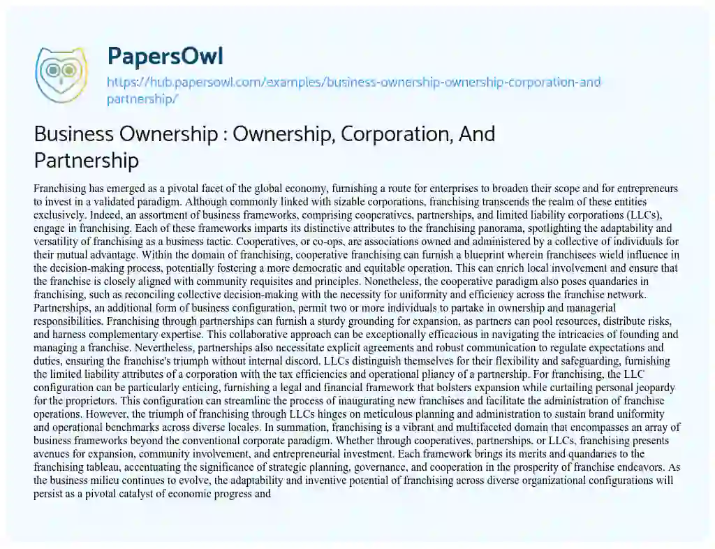 Essay on Business Ownership : Ownership, Corporation, And Partnership
