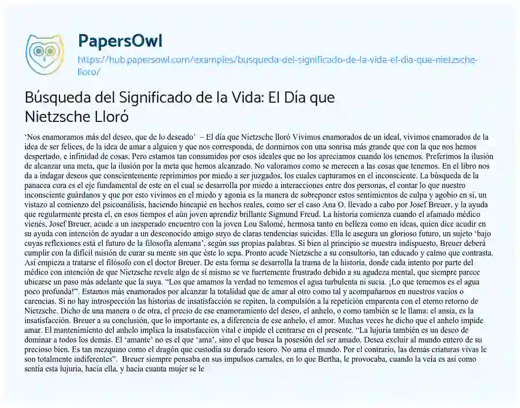 Essay on Búsqueda del Significado de la Vida: El Día que Nietzsche Lloró
