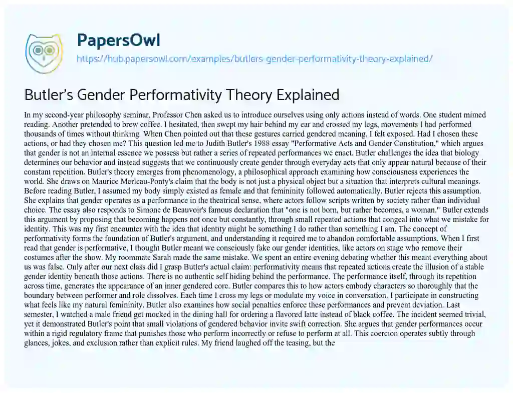 Essay on Butler’s Gender Performativity Theory Explained