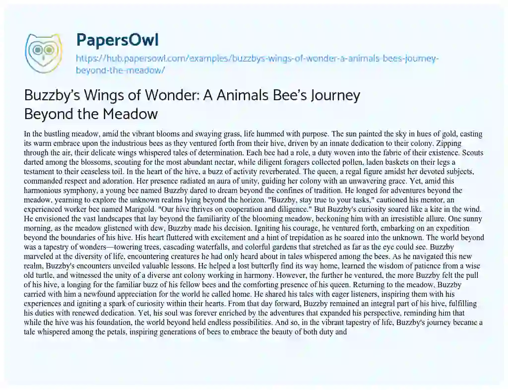 Essay on Buzzby’s Wings of Wonder: A Animals Bee’s Journey Beyond the Meadow