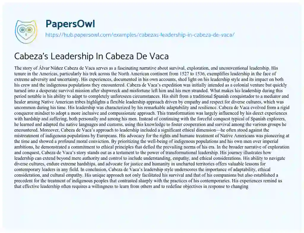 Essay on Cabeza’s Leadership In Cabeza De Vaca