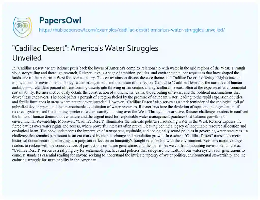 Essay on “Cadillac Desert”: America’s Water Struggles Unveiled