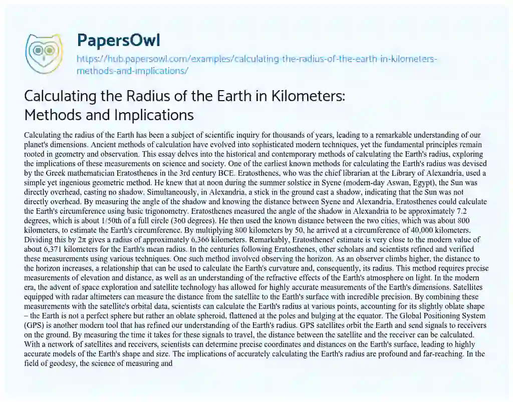 Essay on Calculating the Radius of the Earth in Kilometers: Methods and Implications