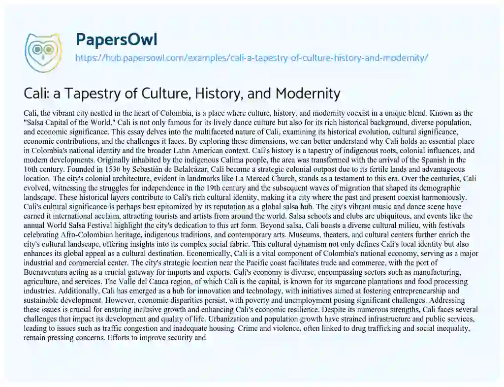 Essay on Cali: a Tapestry of Culture, History, and Modernity