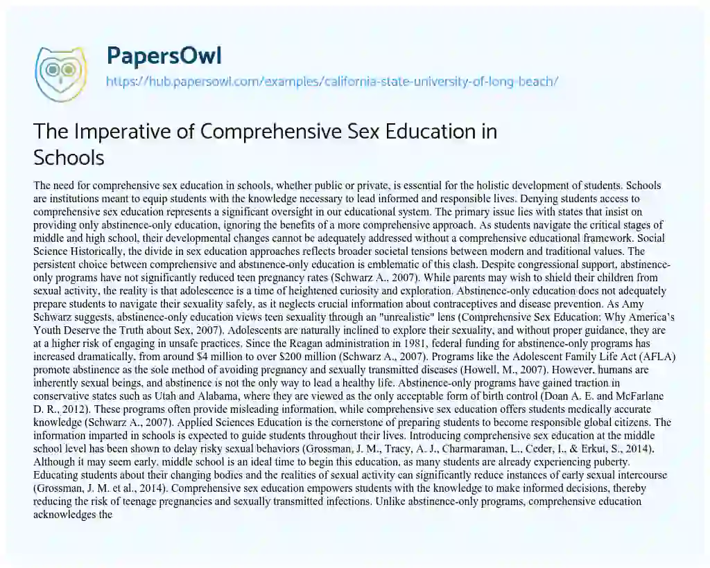 Essay on The Imperative of Comprehensive Sex Education in Schools