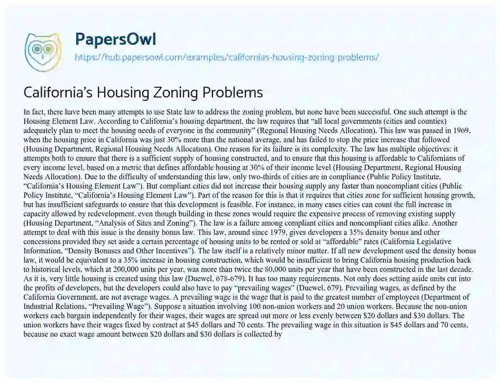 Essay on California’s Housing Zoning Problems