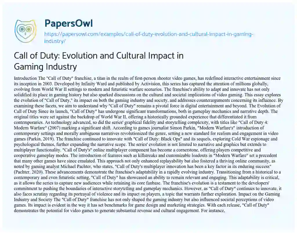 Essay on Call of Duty: Evolution and Cultural Impact in Gaming Industry