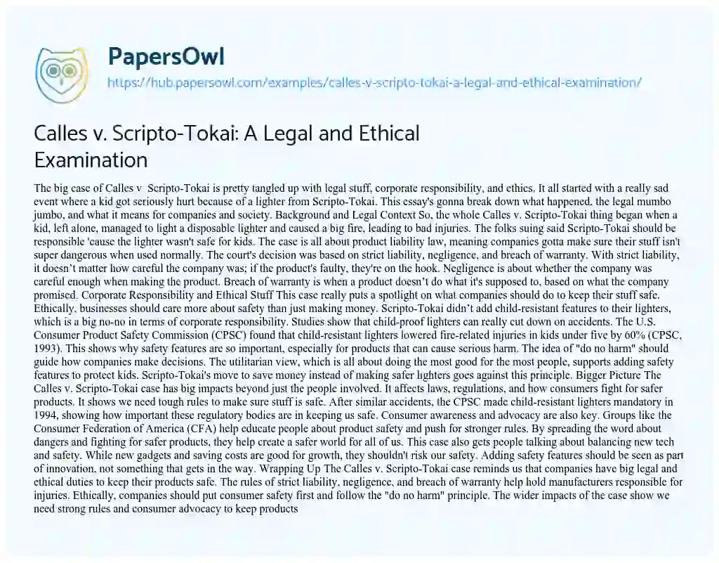 Essay on Calles v. Scripto-Tokai: A Legal and Ethical Examination