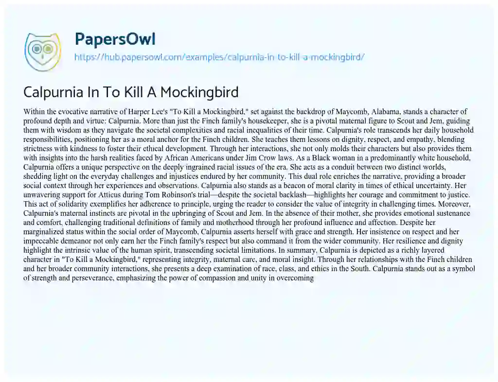 Essay on Calpurnia In To Kill A Mockingbird