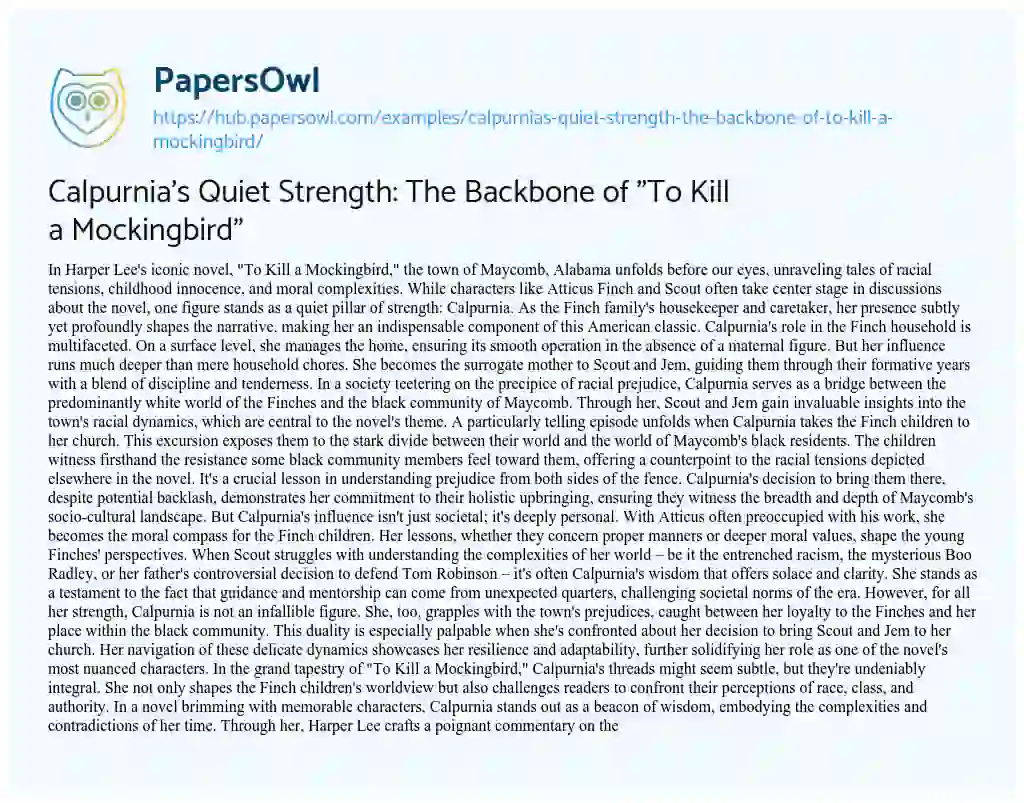Essay on Calpurnia’s Quiet Strength: The Backbone of “To Kill a Mockingbird”