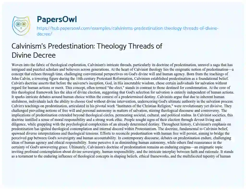 Essay on Calvinism’s Predestination: Theology Threads of Divine Decree