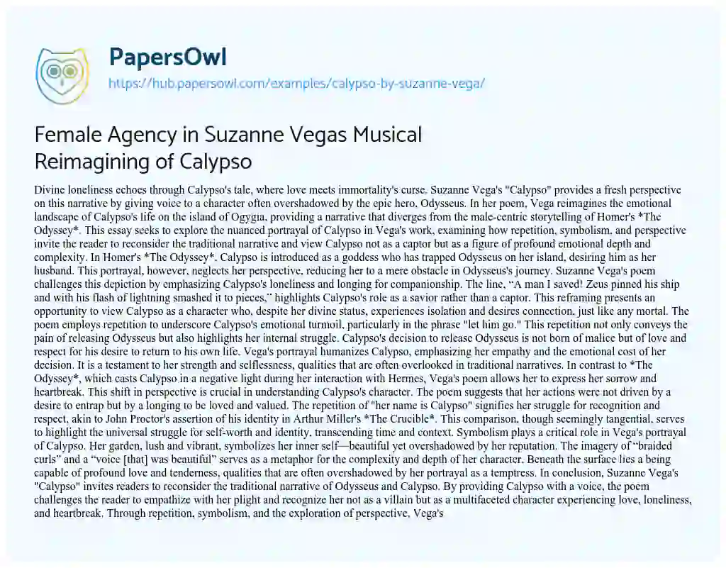 Essay on Female Agency in Suzanne Vegas Musical Reimagining of Calypso