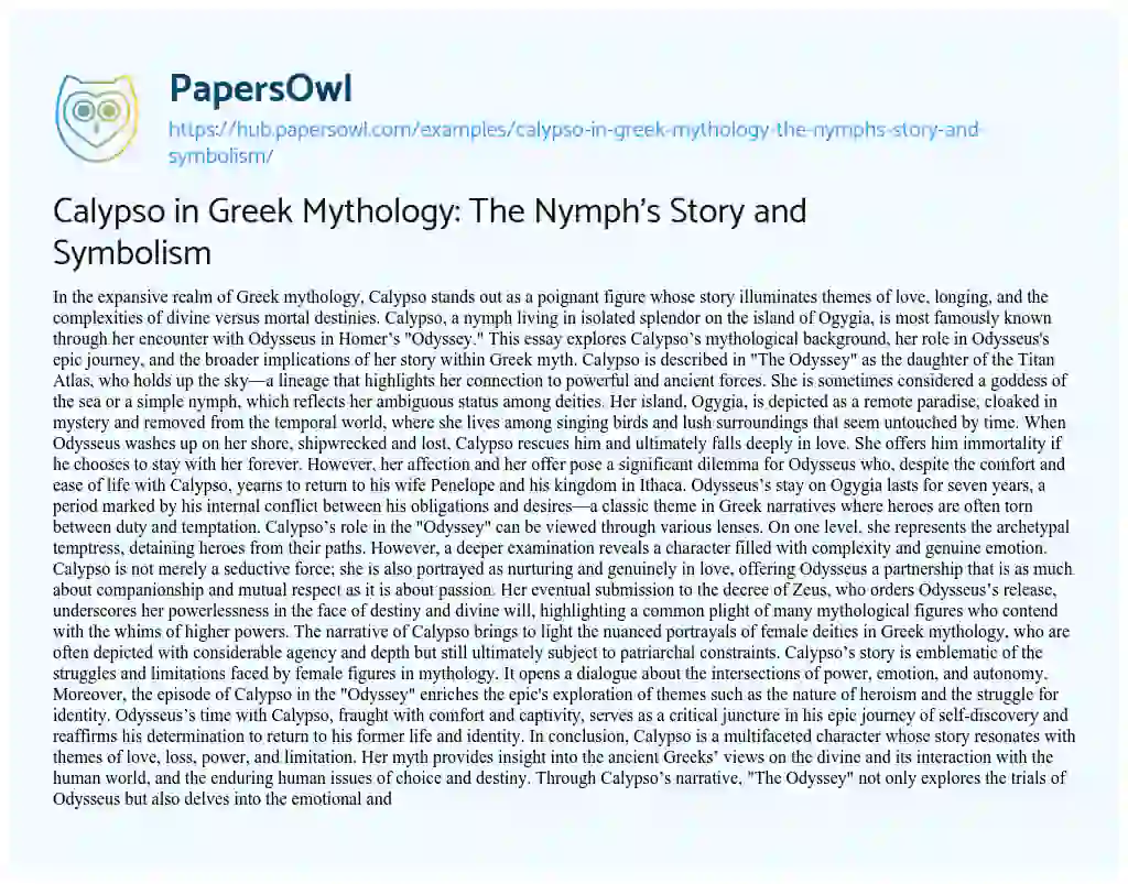 Essay on Calypso in Greek Mythology: The Nymph’s Story and Symbolism
