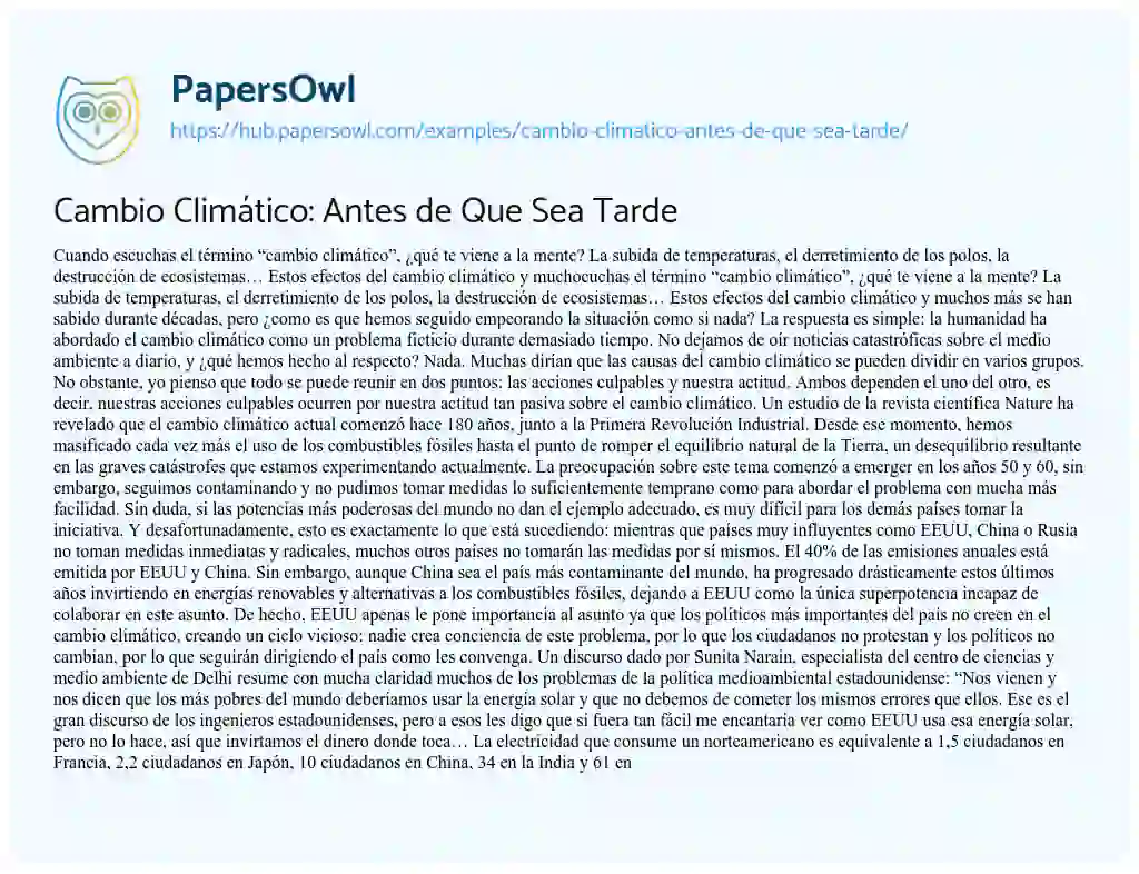 Essay on Cambio Climático: Antes de Que Sea Tarde