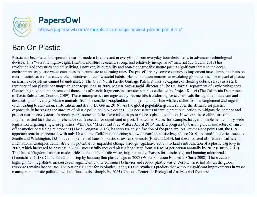 Essay on Ban On Plastic