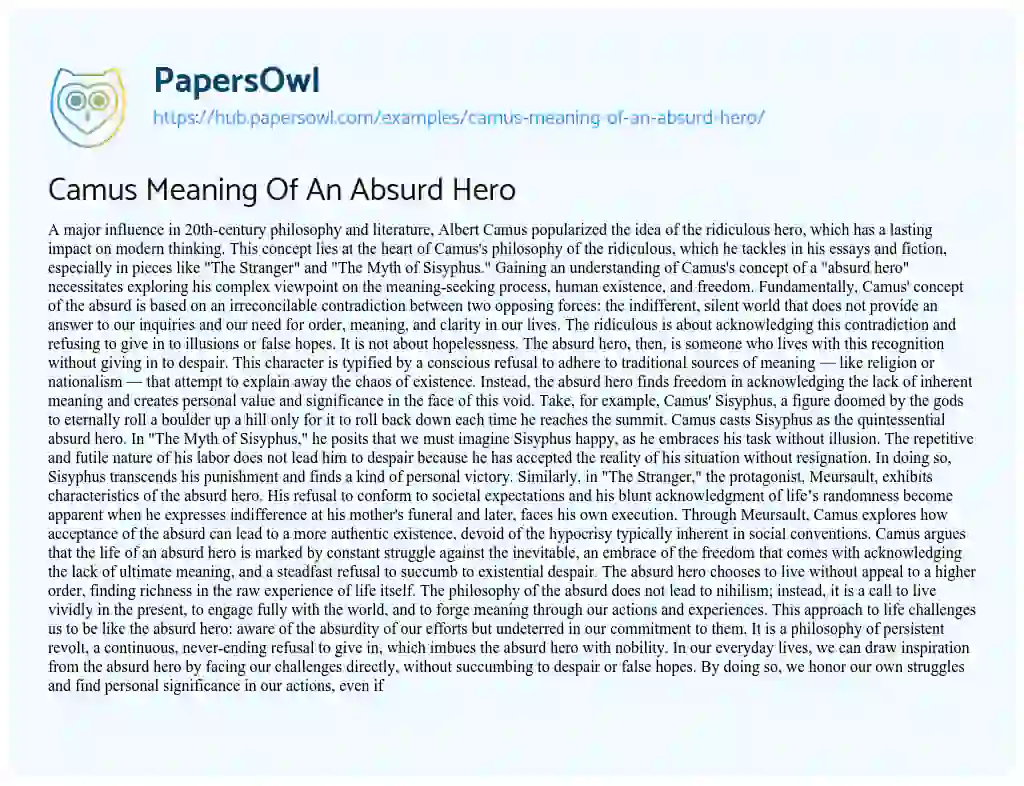 Essay on Camus Meaning Of An Absurd Hero