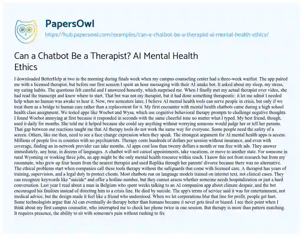 Essay on Can a Chatbot Be a Therapist? AI Mental Health Ethics