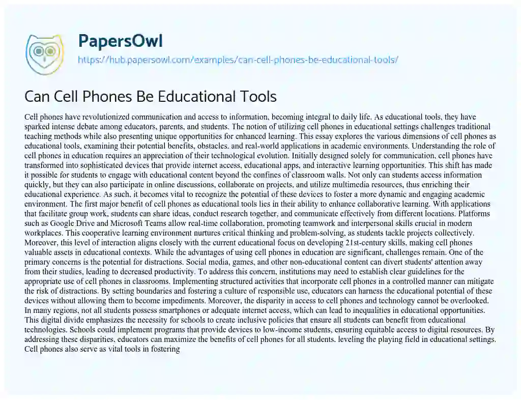Essay on Can Cell Phones Be Educational Tools