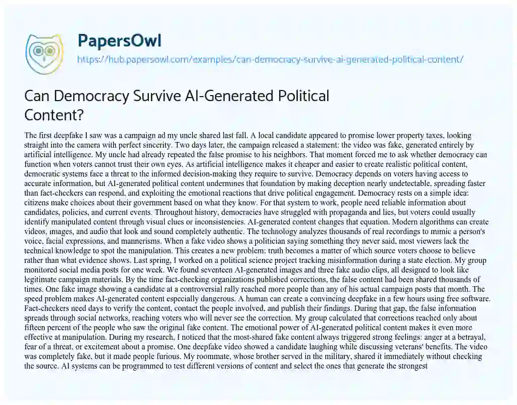 Essay on Can Democracy Survive AI-Generated Political Content?