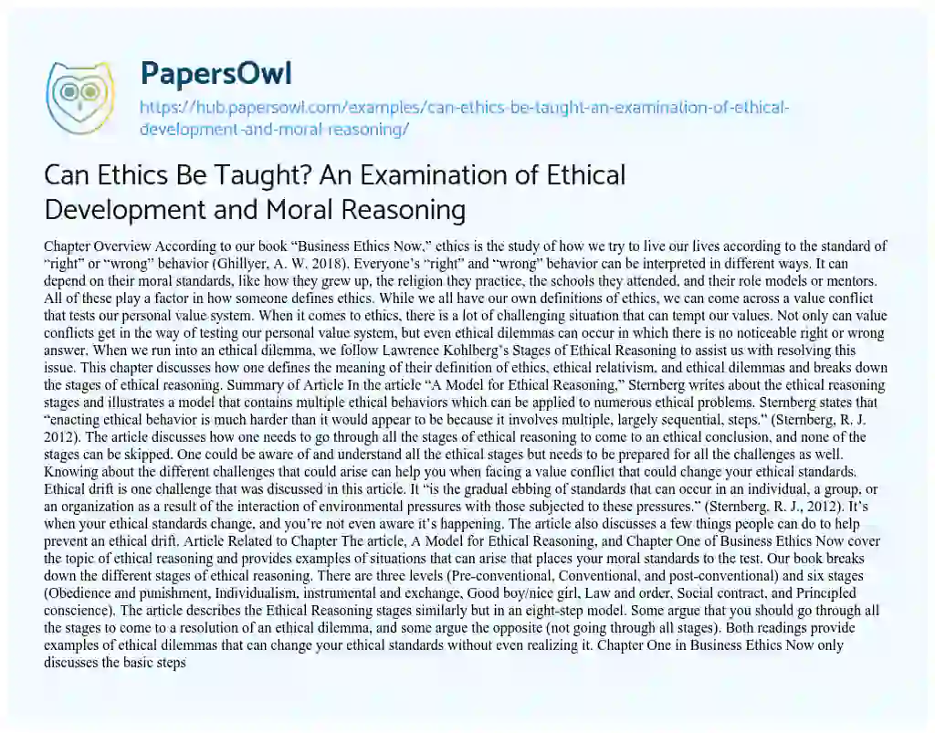 Essay on Can Ethics Be Taught? An Examination of Ethical Development and Moral Reasoning