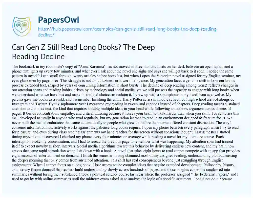 Essay on Can Gen Z Still Read Long Books? The Deep Reading Decline