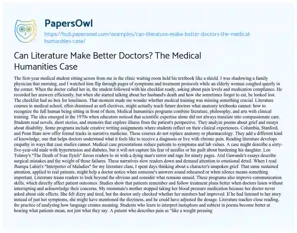 Essay on Can Literature Make Better Doctors? The Medical Humanities Case