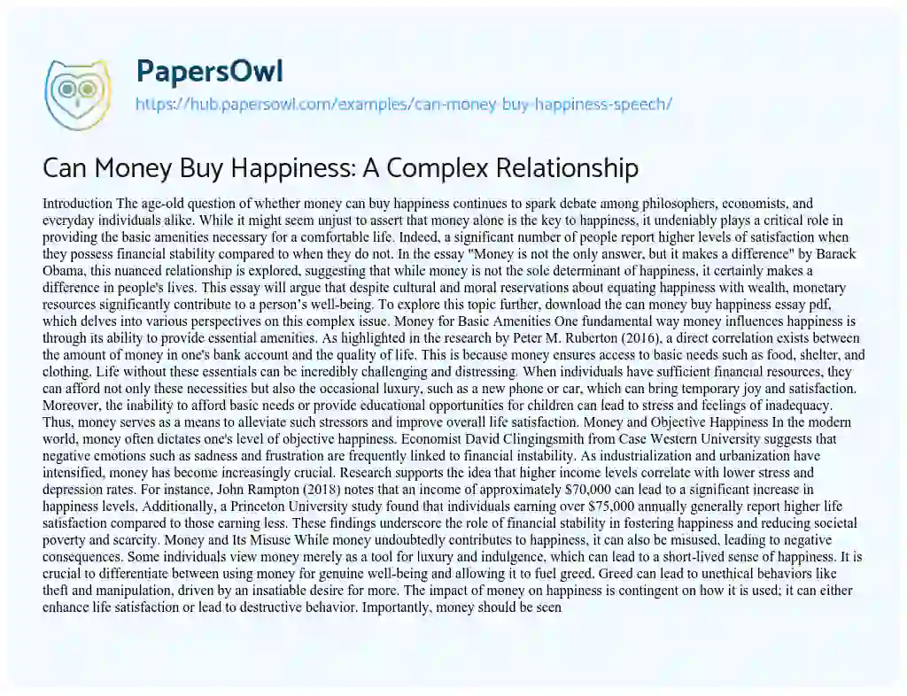 Essay on Can Money Buy Happiness: A Complex Relationship