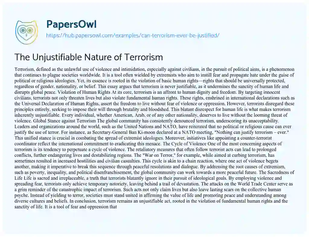 Essay on The Unjustifiable Nature of Terrorism