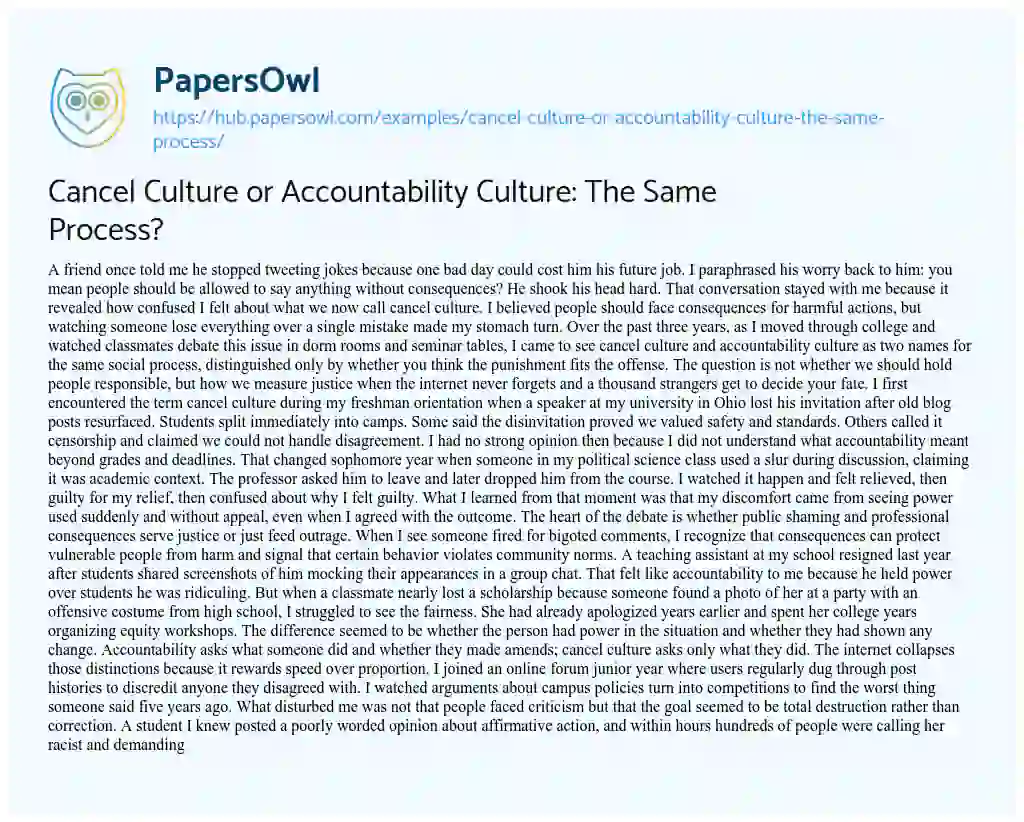Essay on Cancel Culture or Accountability Culture: The Same Process?