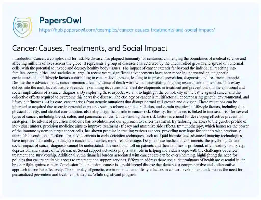 Essay on Cancer: Causes, Treatments, and Social Impact