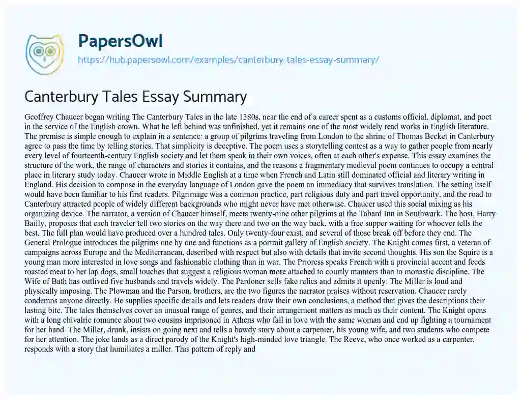 Essay on Canterbury Tales Essay Summary