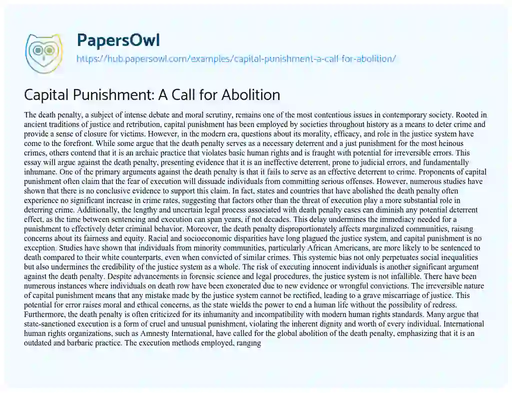 Essay on Capital Punishment: A Call for Abolition