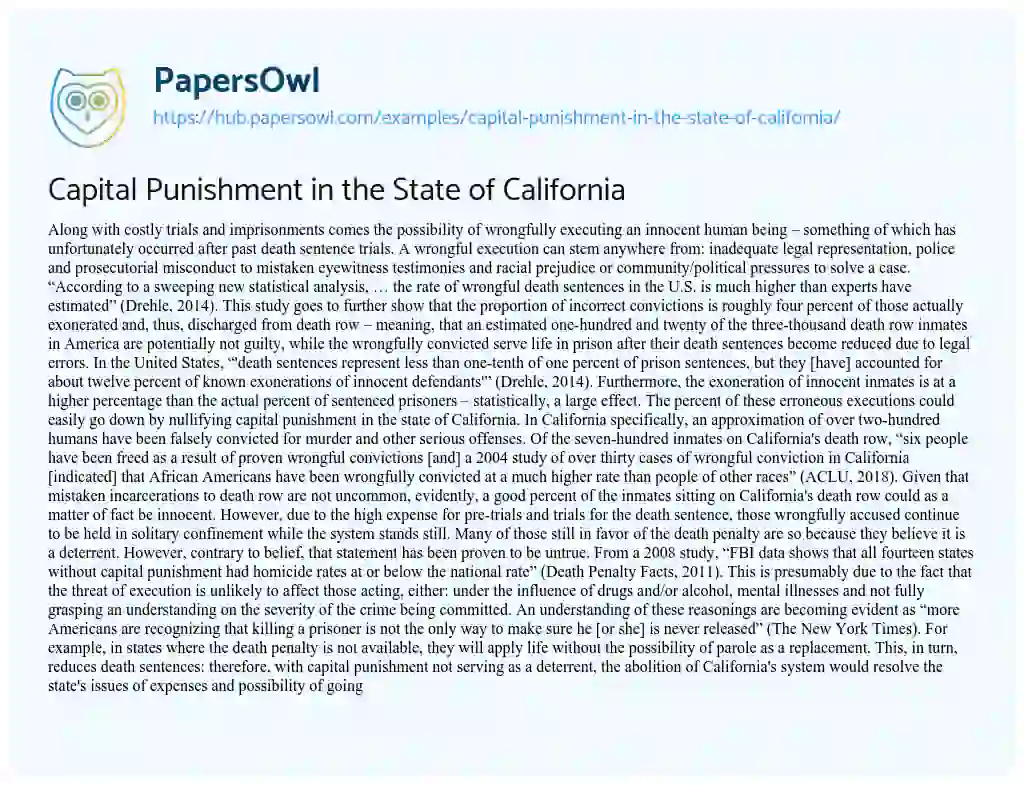 Essay on Capital Punishment in the State of California