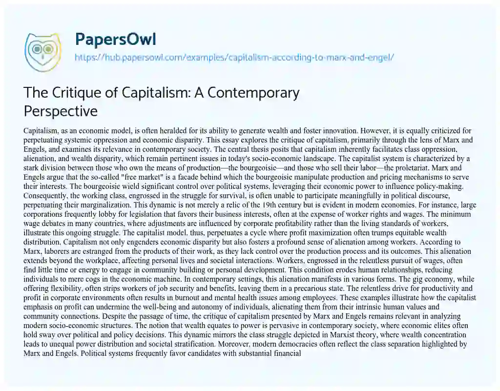 Essay on The Critique of Capitalism: A Contemporary Perspective