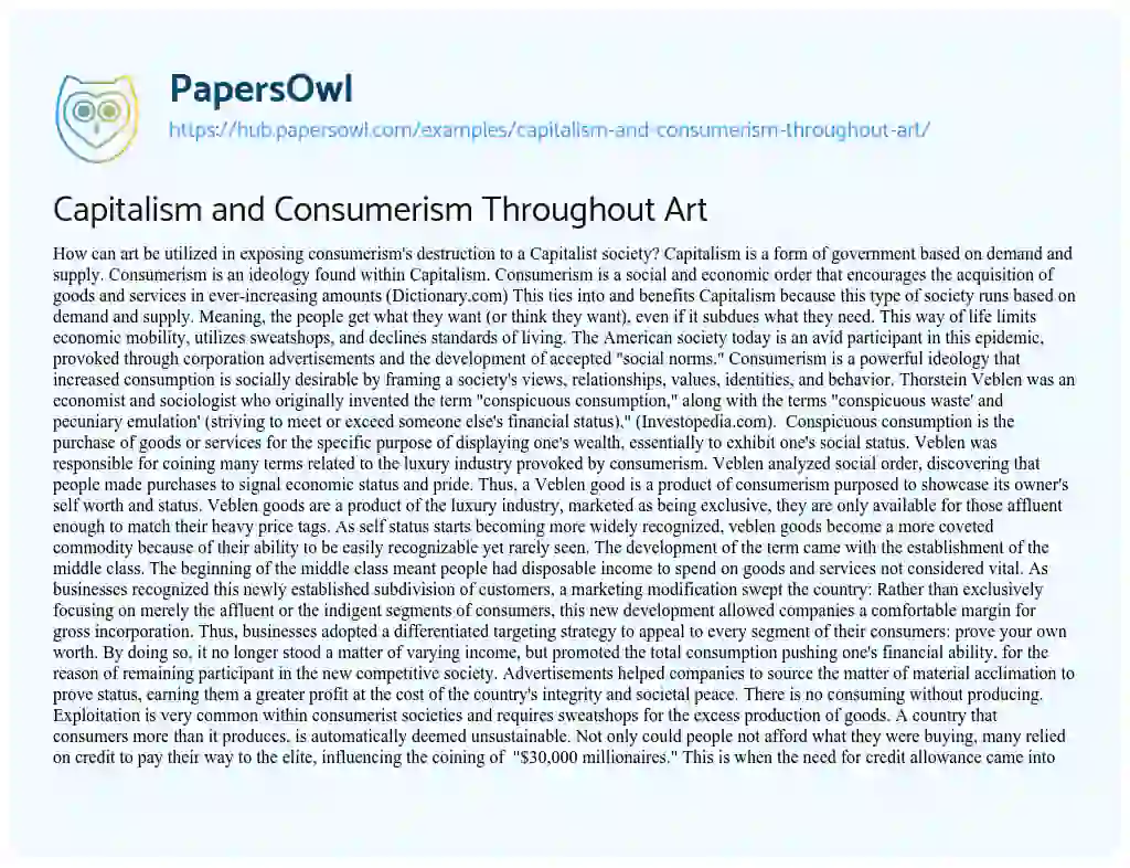 Essay on Capitalism and Consumerism Throughout Art