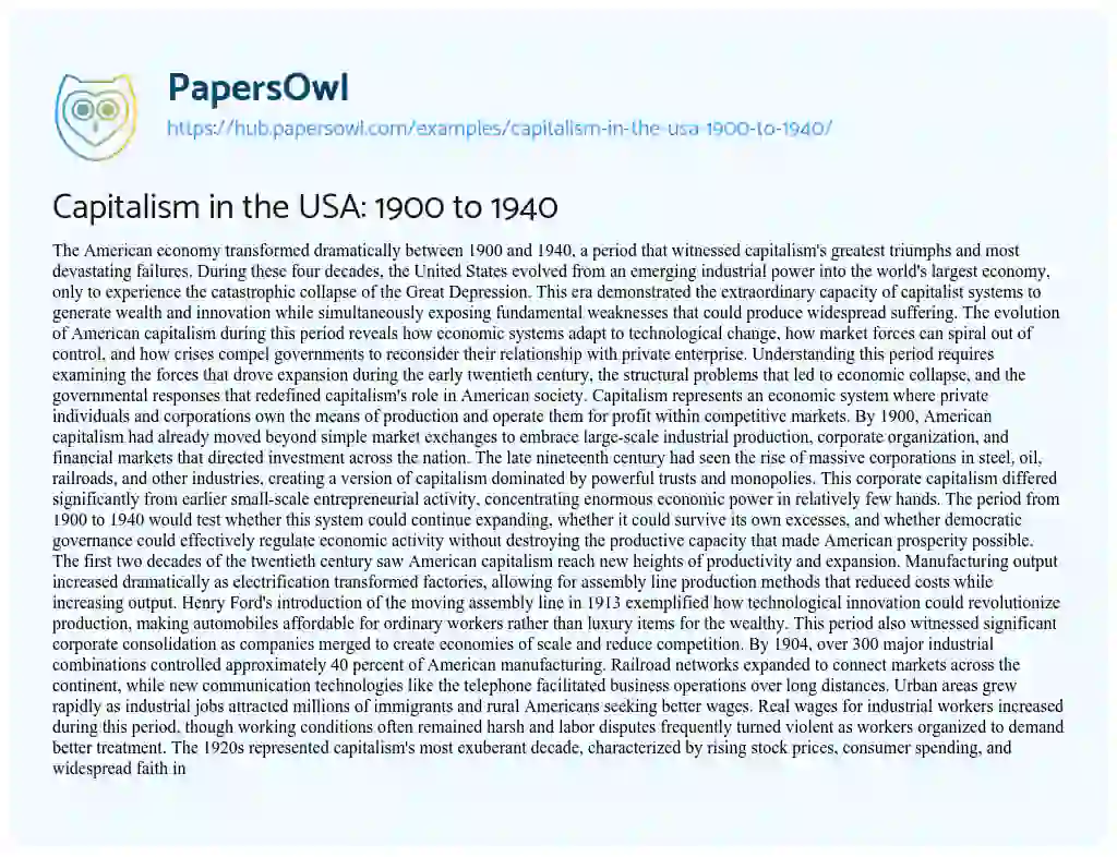 Essay on Capitalism in the USA: 1900 to 1940