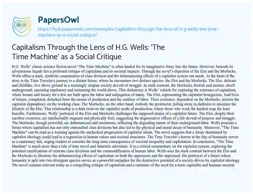 Essay on Capitalism Through the Lens of H.G. Wells: ‘The Time Machine’ as a Social Critique